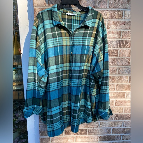 Sonoma Tops - 5X Turquoise & Olive Green Flannel Plaid Sonoma Button Down Shirt